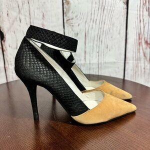 JEFFREY CAMPBELL DEAREST ankle wrap suede nude & black faux snakeskin Pumps 6.5
